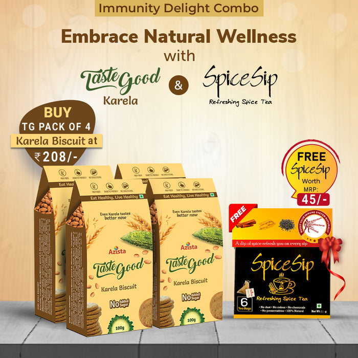 Immunity Delight Combo | Buy Taste Good Karela Biscuits 100gx4 | Spice Sip Tea Pack of 1 Free