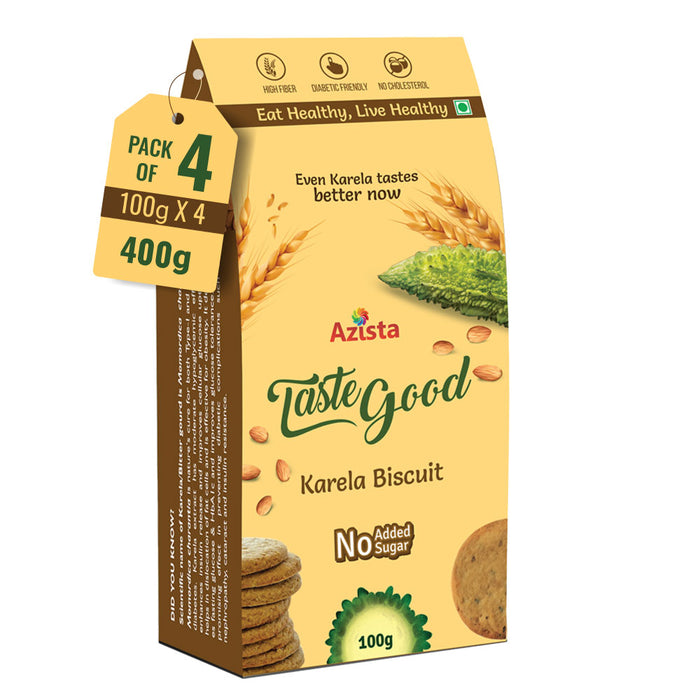 Taste Good Karela Biscuits High-Fiber, Sugar-Free, Cholesterol Free, Diabetic-Friendly Healthy Digestive Snacks with the goodness of Almonds and Oats.