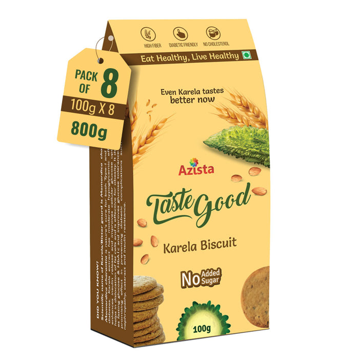 Taste Good Karela Biscuits High-Fiber, Sugar-Free, Cholesterol Free, Diabetic-Friendly Healthy Digestive Snacks with the goodness of Almonds and Oats.