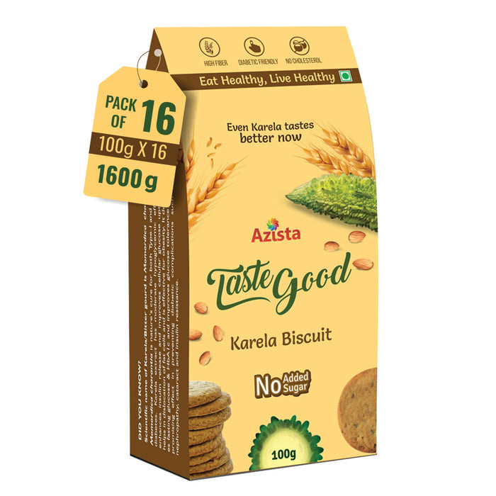 Taste Good Karela Biscuits High-Fiber, Sugar-Free, Cholesterol Free, Diabetic-Friendly Healthy Digestive Snacks with the goodness of Almonds and Oats.