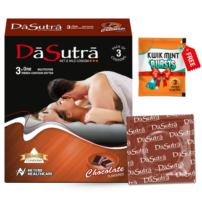 DaSutra Wet & Wild Condoms - 3's Pack Lubricated, Ribbed, and Dotted - Chocolate Flavour