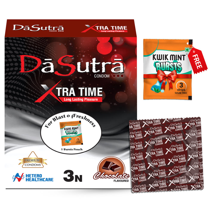 DaSutra Xtra Time Long Lasting Pleasure Condoms - 3's Pack Ribbed-Dotted-Contour - Chocolate Flavour