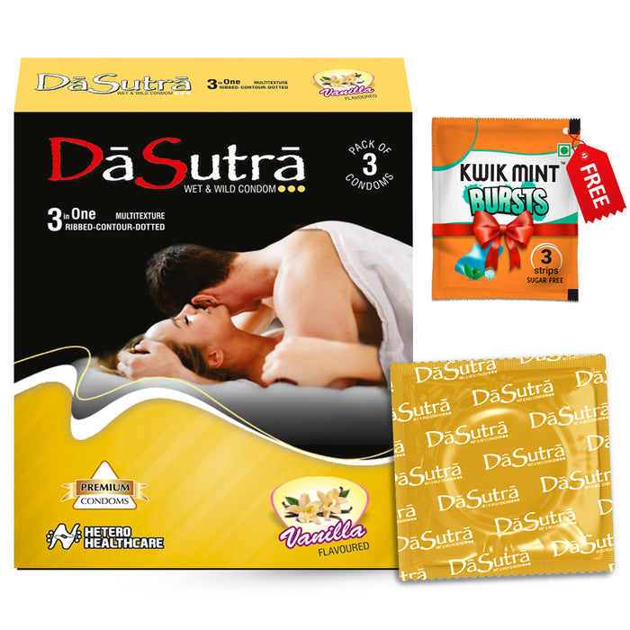 DaSutra Wet & Wild Condoms - 3's Pack Lubricated, Ribbed, and Dotted - Vanilla Flavour