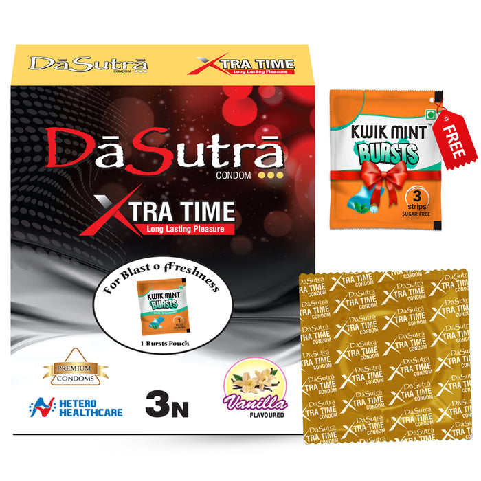 DaSutra Xtra Time Long Lasting Pleasure Condoms - 3's Pack Ribbed-Dotted-Contour - Vanilla Flavour