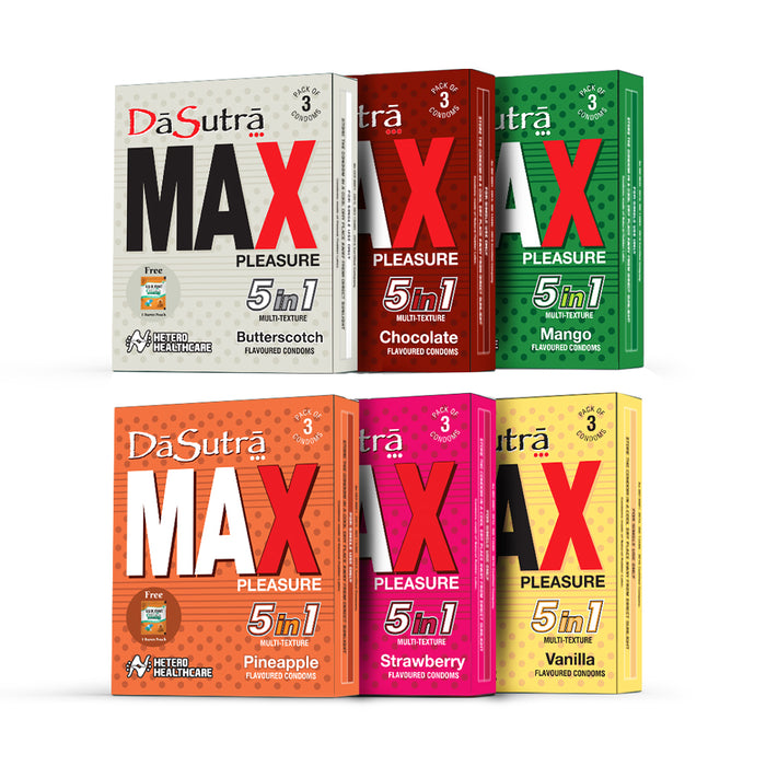 DaSutra Max Pleasure Condoms - With 396 dots | 5in1 multi-textured condoms - 6 Flavours Combo