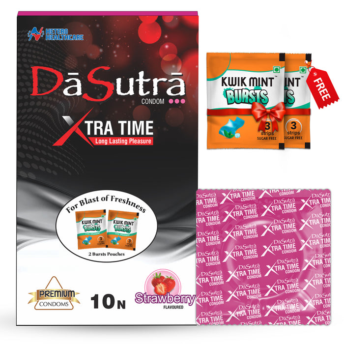 DaSutra Xtra Time Long Lasting Pleasure Condoms - 10's Pack Ribbed-Dotted-Contour - Strawberry Flavour