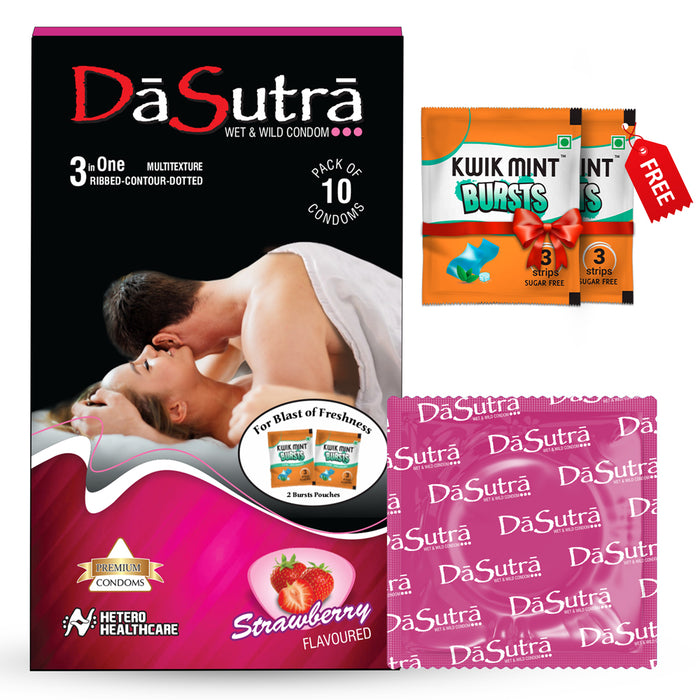 DaSutra Wet & Wild Condoms - 10's Pack Lubricated, Ribbed, and Dotted - Strawberry Flavour