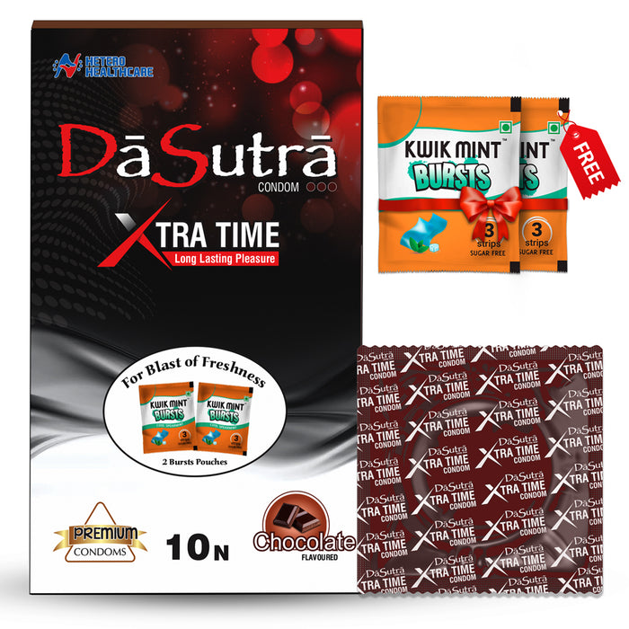 DaSutra Xtra Time Long Lasting Pleasure Condoms - 10's Pack  Ribbed-Dotted-Contour - Chocolate Flavour