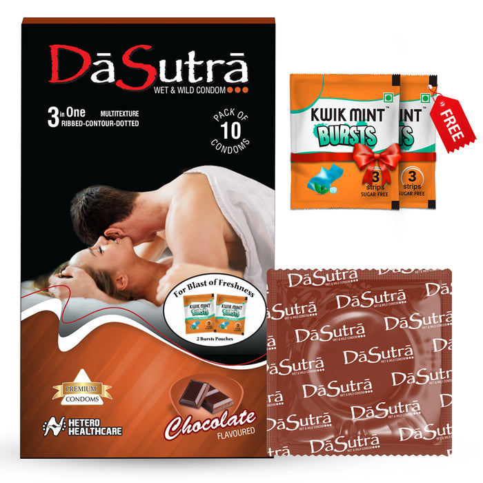 DaSutra Wet & Wild Condoms - 10's Pack Lubricated, Ribbed, and Dotted - Chocolate Flavour