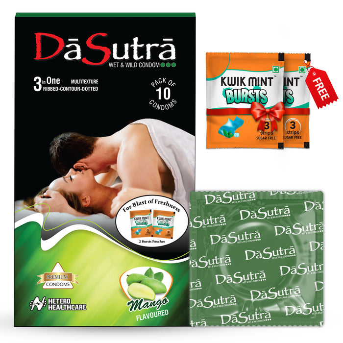 DaSutra Wet & Wild Condoms - 10's Pack Lubricated, Ribbed, and Dotted - Mango Flavour