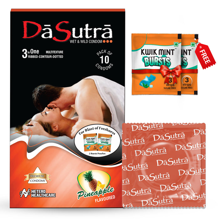 DaSutra Wet & Wild Condoms - 10's Pack Lubricated, Ribbed, and Dotted - Pineapple Flavour