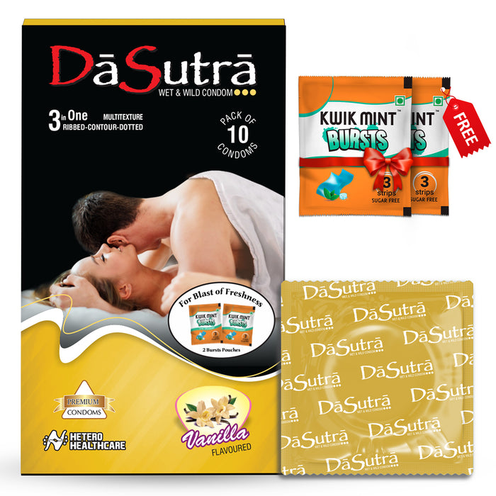 DaSutra Wet & Wild Condoms - 10's Pack Lubricated, Ribbed, and Dotted - Vanilla Flavour