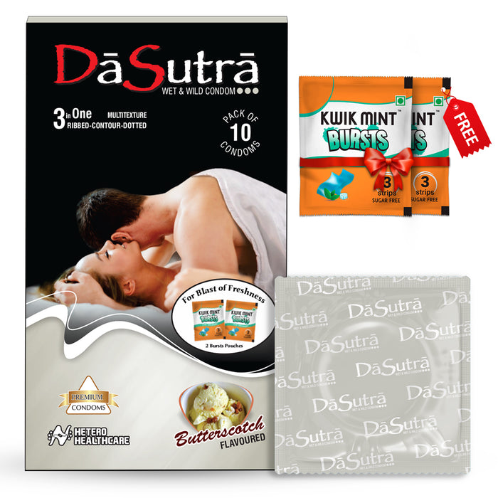 DaSutra Wet & Wild Condoms - 10's Pack Lubricated, Ribbed, and Dotted - Butterscotch Flavour