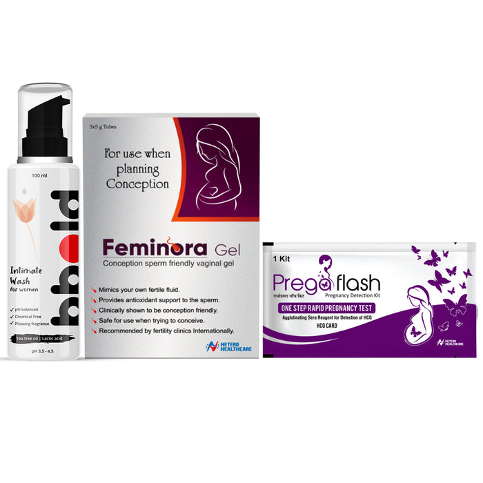 Complete Care Combo for Fertility, Comfort, and Hygiene - PregaFlash Pack of 4, Feminora Pack of 1, Intimate Wash 100 ml