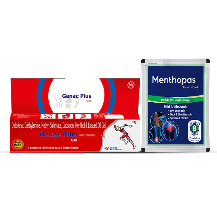 Pain Mangement Combo - Genac Plus Fast Pain Relief Gel - Pack of 3 & Menthopas Topical Pain Relief Patches - Pack of 2 (6 pouches)