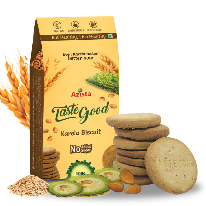 Taste Good Karela Biscuits High-Fiber, Sugar-Free, Cholesterol Free, Diabetic-Friendly Healthy Digestive Snacks with the goodness of Almonds and Oats.