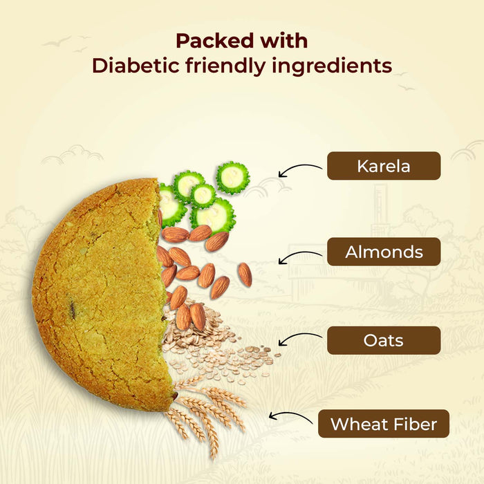 Taste Good Karela Biscuits High-Fiber, Sugar-Free, Cholesterol Free, Diabetic-Friendly Healthy Digestive Snacks with the goodness of Almonds and Oats.