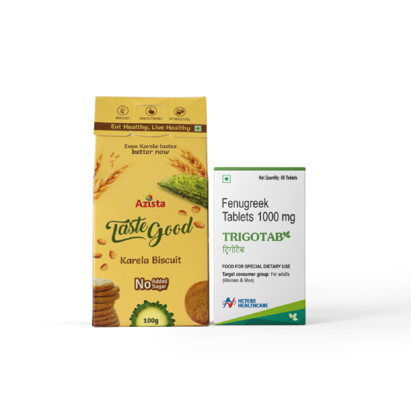 Diabetic Care Combo - Trigotab Fenugreek Tablets (60) Taste Good Karela Biscuits - Pack of 4