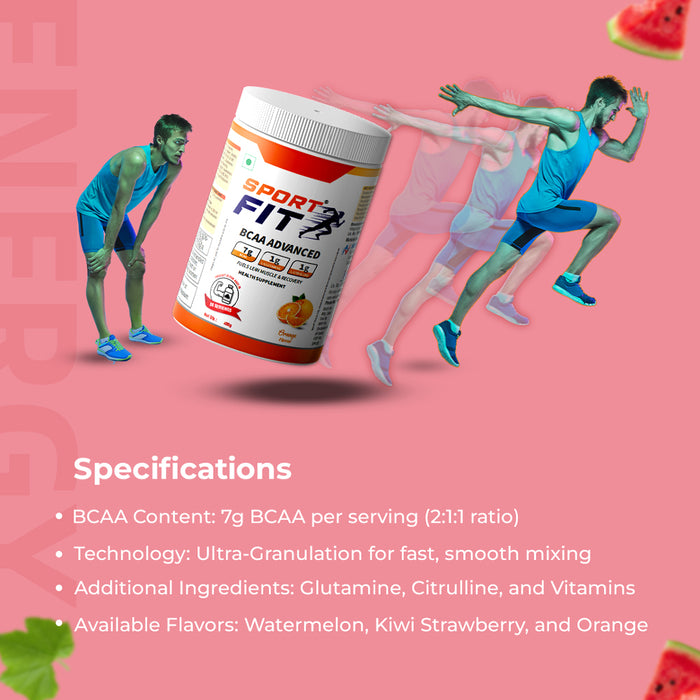 Sport Fit BCAA Supplement – Advanced Muscle Activation with 7g BCAA, 1gm L-Citrulline and 1gm L-Glutamine